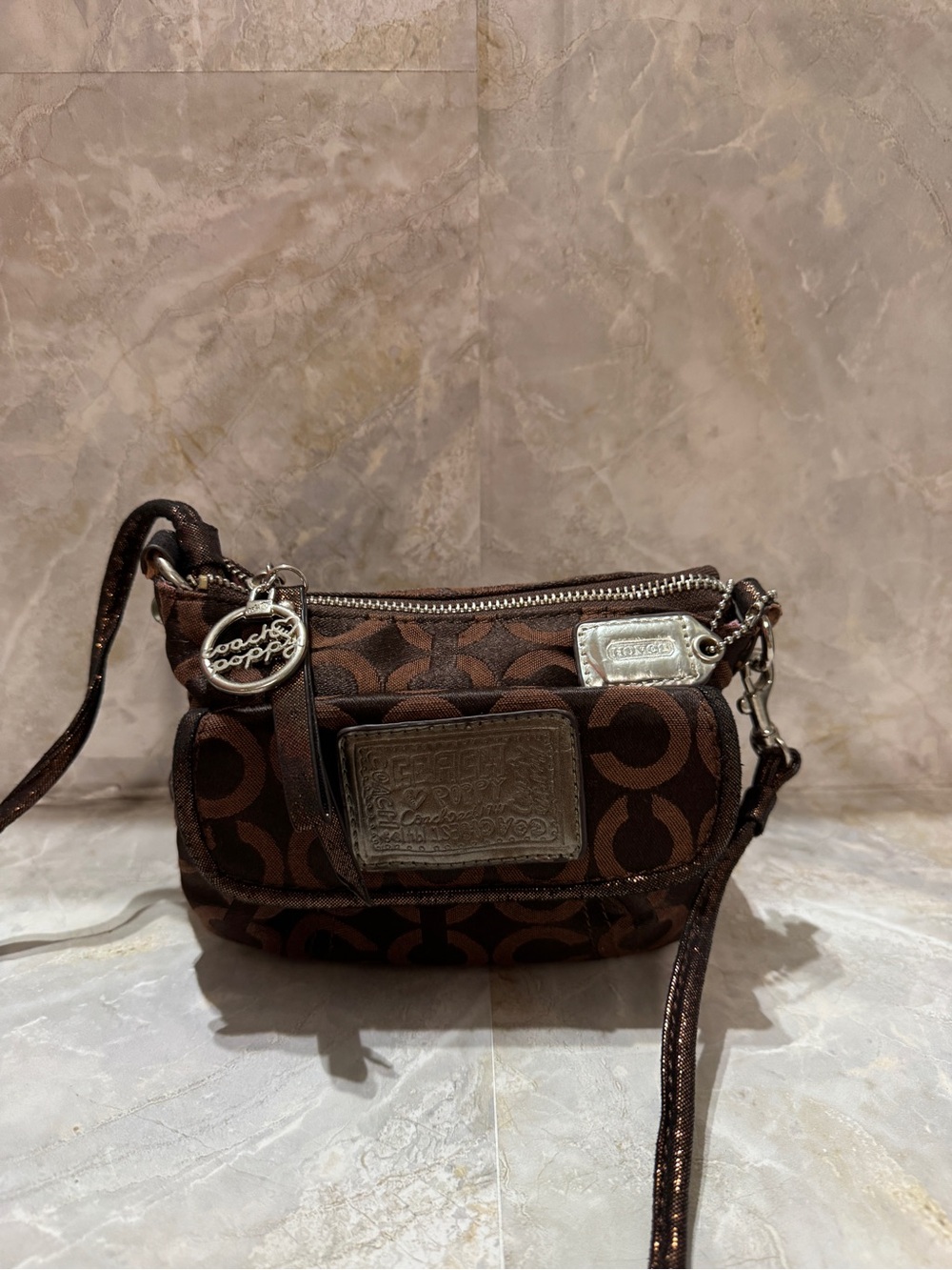 Coach Brown Signature Mini Crossbody with Leather Trim